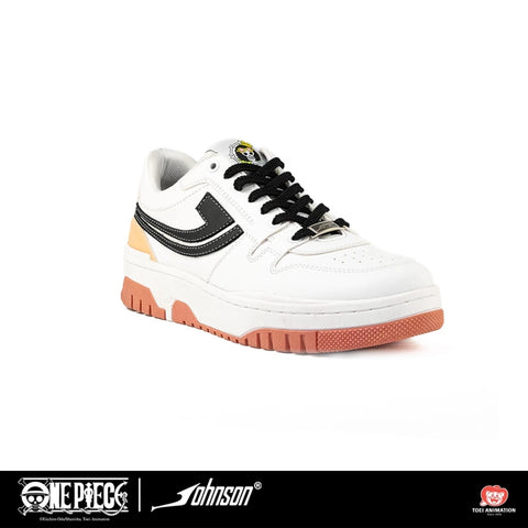 Rear view of One Piece Brook sneakers with peach heel accents