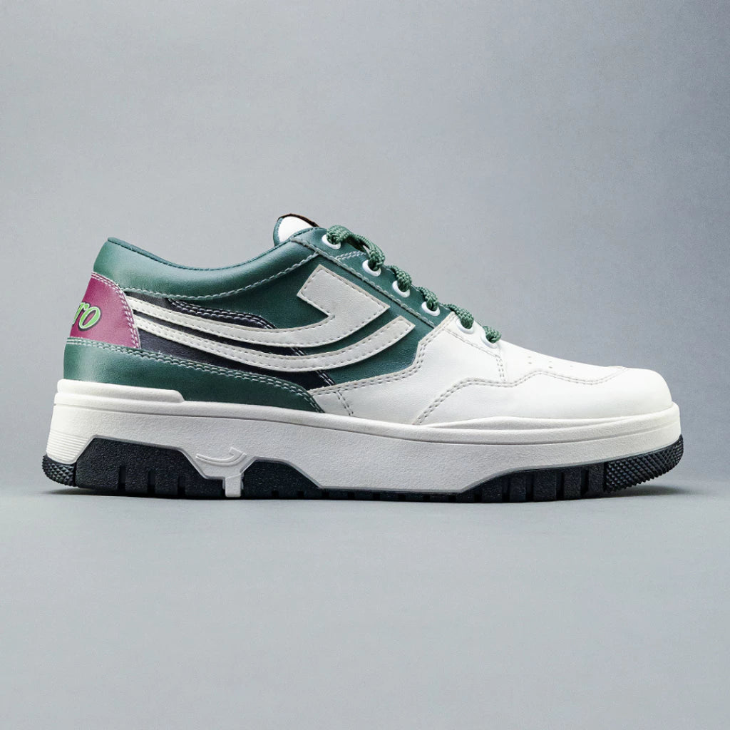 Side profile of green and white One Piece Zoro sneaker