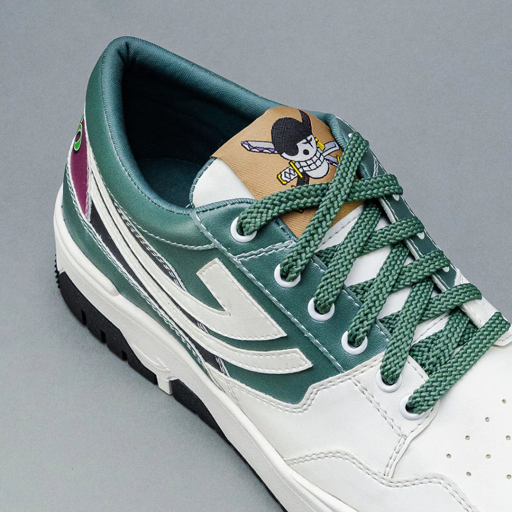 Top view of white One Piece Zoro sneaker with green laces