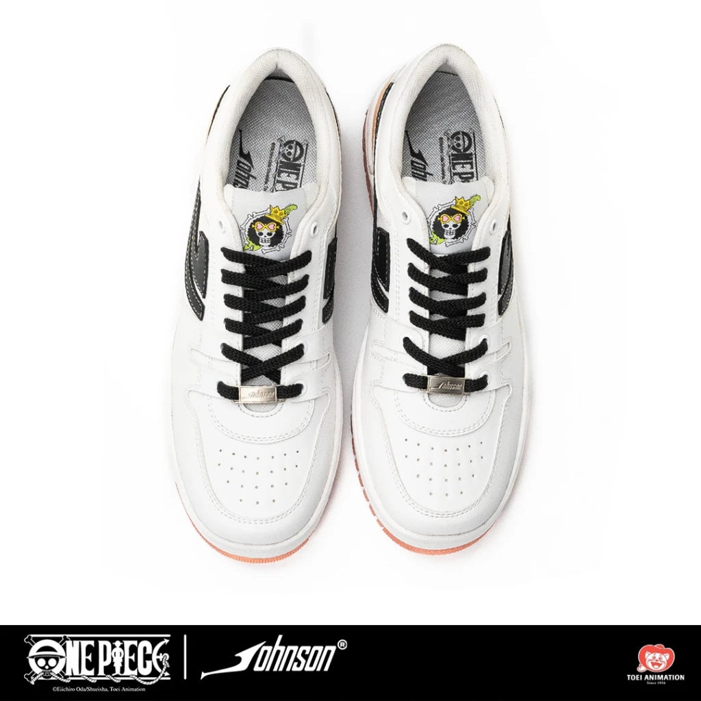 Top view of One Piece Brook sneakers with black laces and character detail