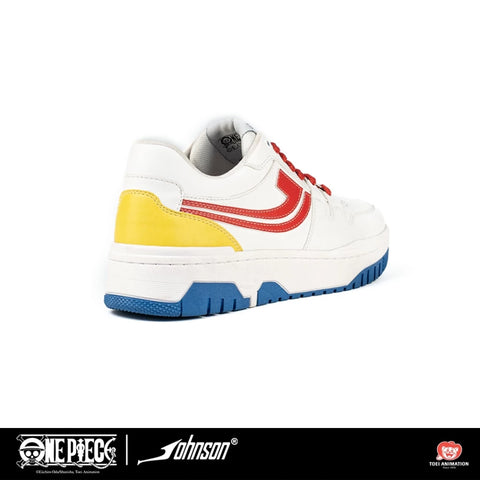 Top view of One Piece Luffy sneakers with red laces