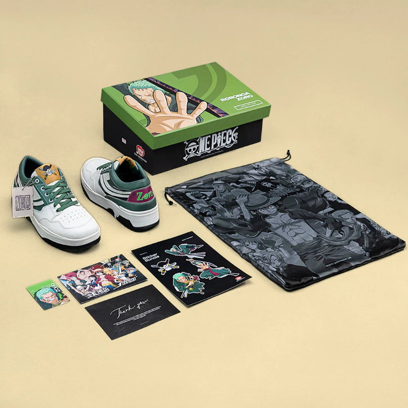 Close-up detail of One Piece Zoro sneaker with green laces and character artwork