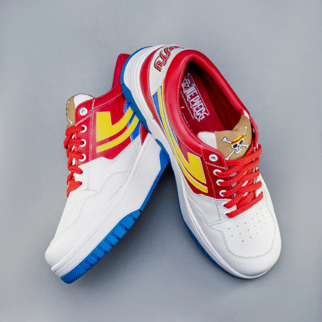 One Piece Luffy sneakers showing outsole and interior details