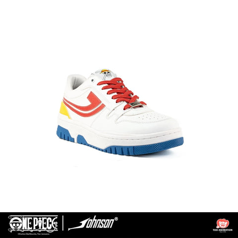 Angled view of white One Piece Luffy sneaker