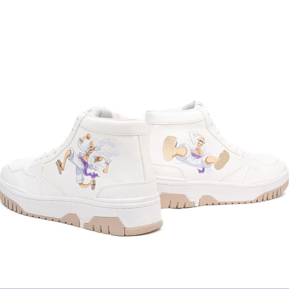 A pair of white high-top sneakers featuring an illustration of the One Piece character Charlotte Linlin on the sides, displayed against a white background with a purple brand banner at the bottom.