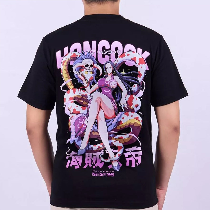 A man wearing a black short-sleeve graphic t-shirt, viewed from the back. The shirt features a large anime-style print of a character with a skull and a pink-and-white striped snake on the back, with the text 'HONCOCK' and Japanese characters.
