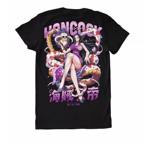 A black short-sleeve graphic t-shirt featuring an anime-style illustration of a character seated on a pink and red snake, with large pink text reading 'HANCOCK' above and Japanese characters below. The shirt is shown flat against a plain white background.