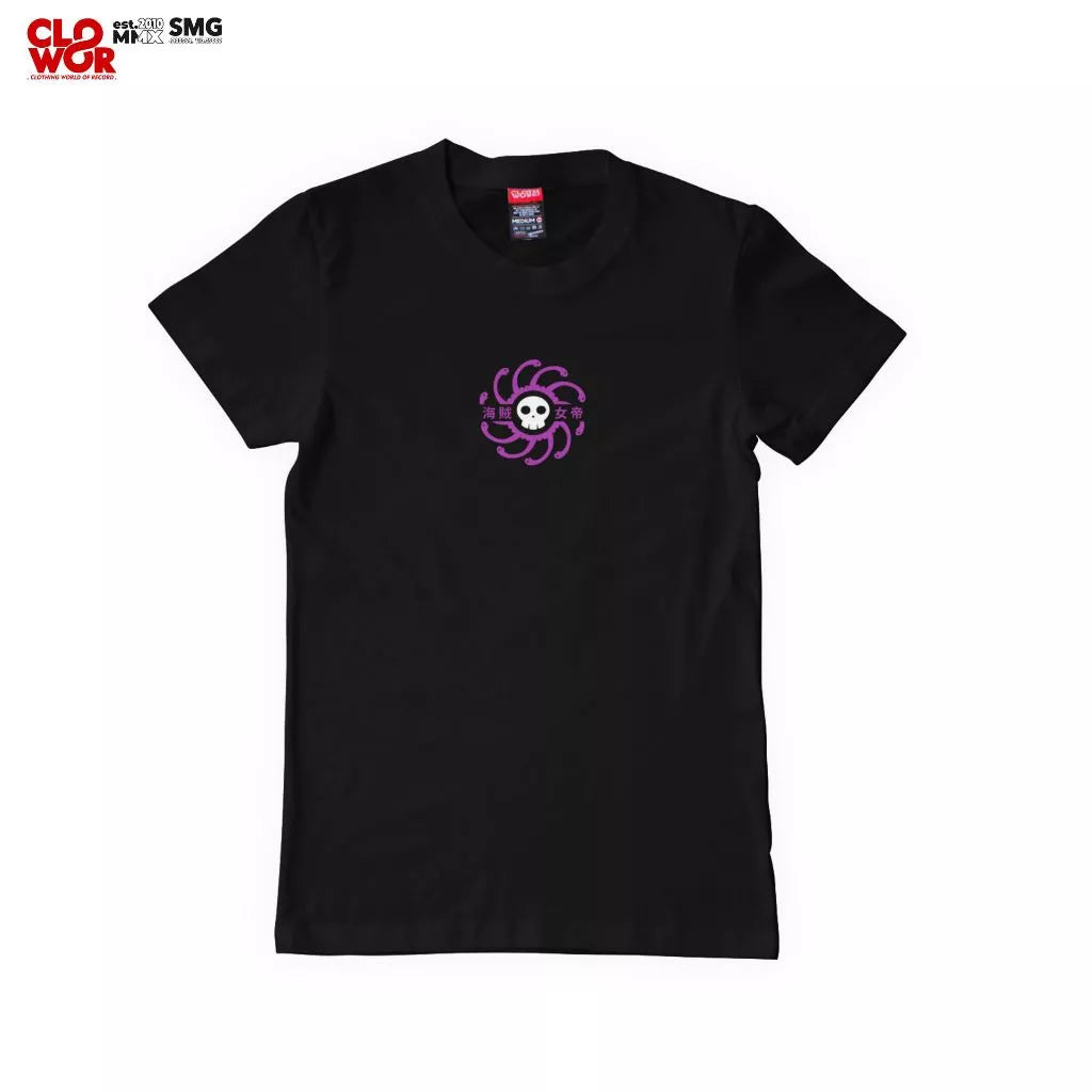 A black short-sleeve crewneck t-shirt featuring a small purple skull-and-whorl graphic on the left chest, displayed flat against a white background with a 'Clo Wor' logo watermark in the top-left corner.