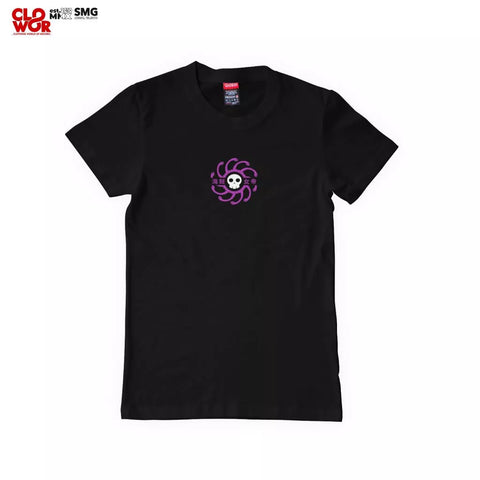 A black short-sleeve crewneck t-shirt featuring a small purple skull-and-whorl graphic on the left chest, displayed flat against a white background with a 'Clo Wor' logo watermark in the top-left corner.
