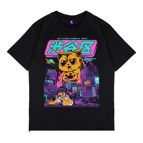 Japan Streetwear Short Sleeve T Shirt - SHIBUYA CAT | Japan Apparel